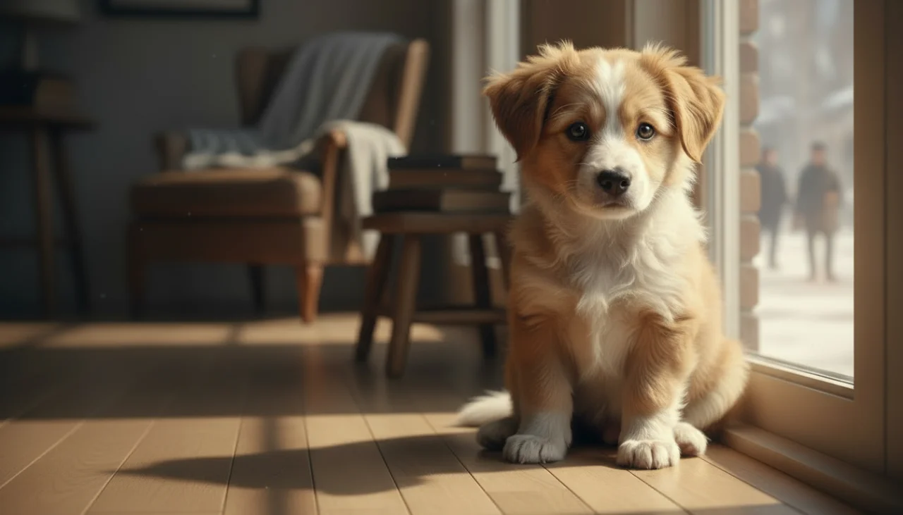 창가에 앉아 불안한 눈빛으로 바깥을 쳐다보는 작은 유기견