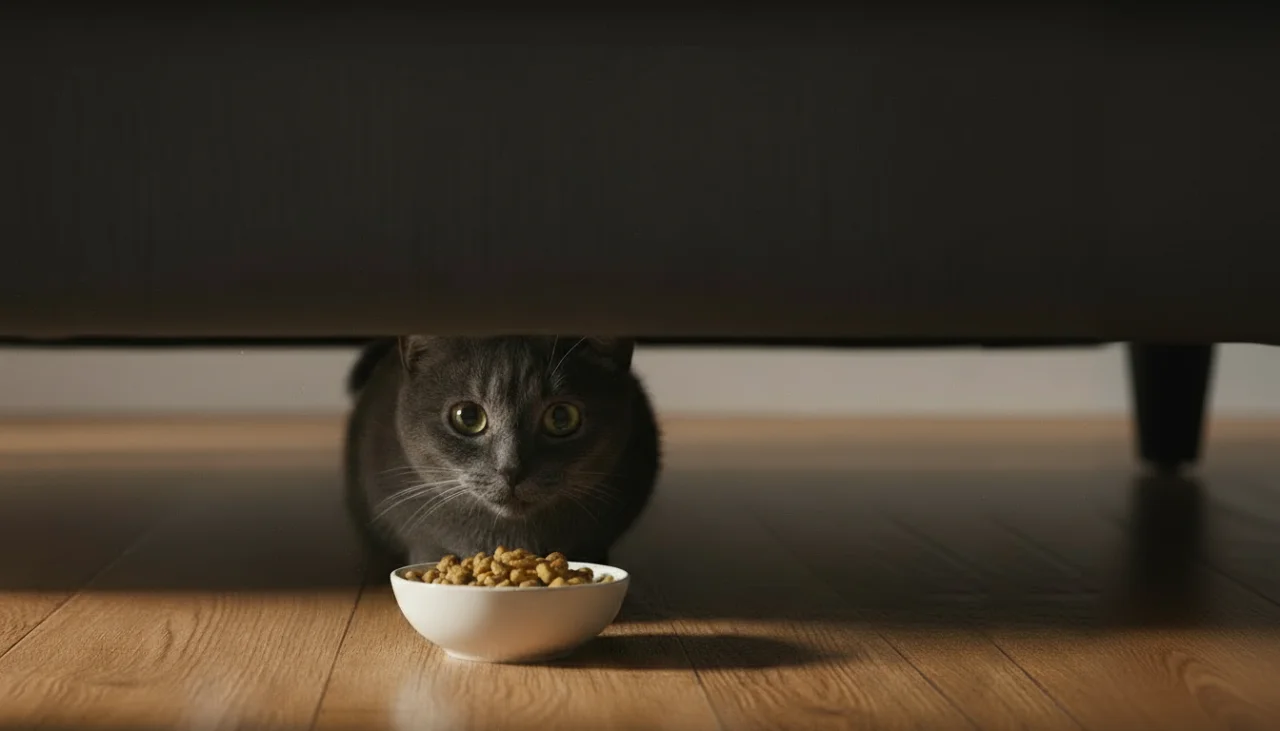 소파 밑에 숨어 경계하는 고양이와 바닥에 놓인 간식 그릇