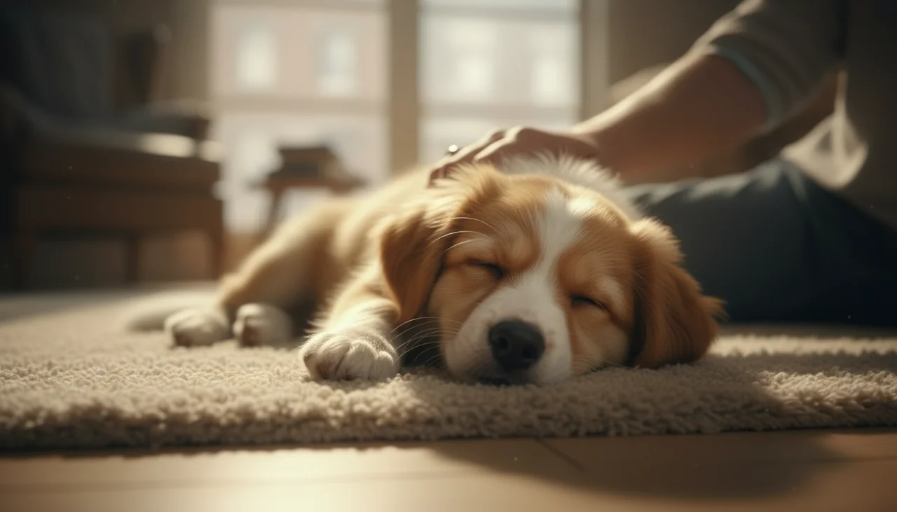 거실 카펫 위에서 보호자의 손길을 받으며 편안하게 잠든 강아지