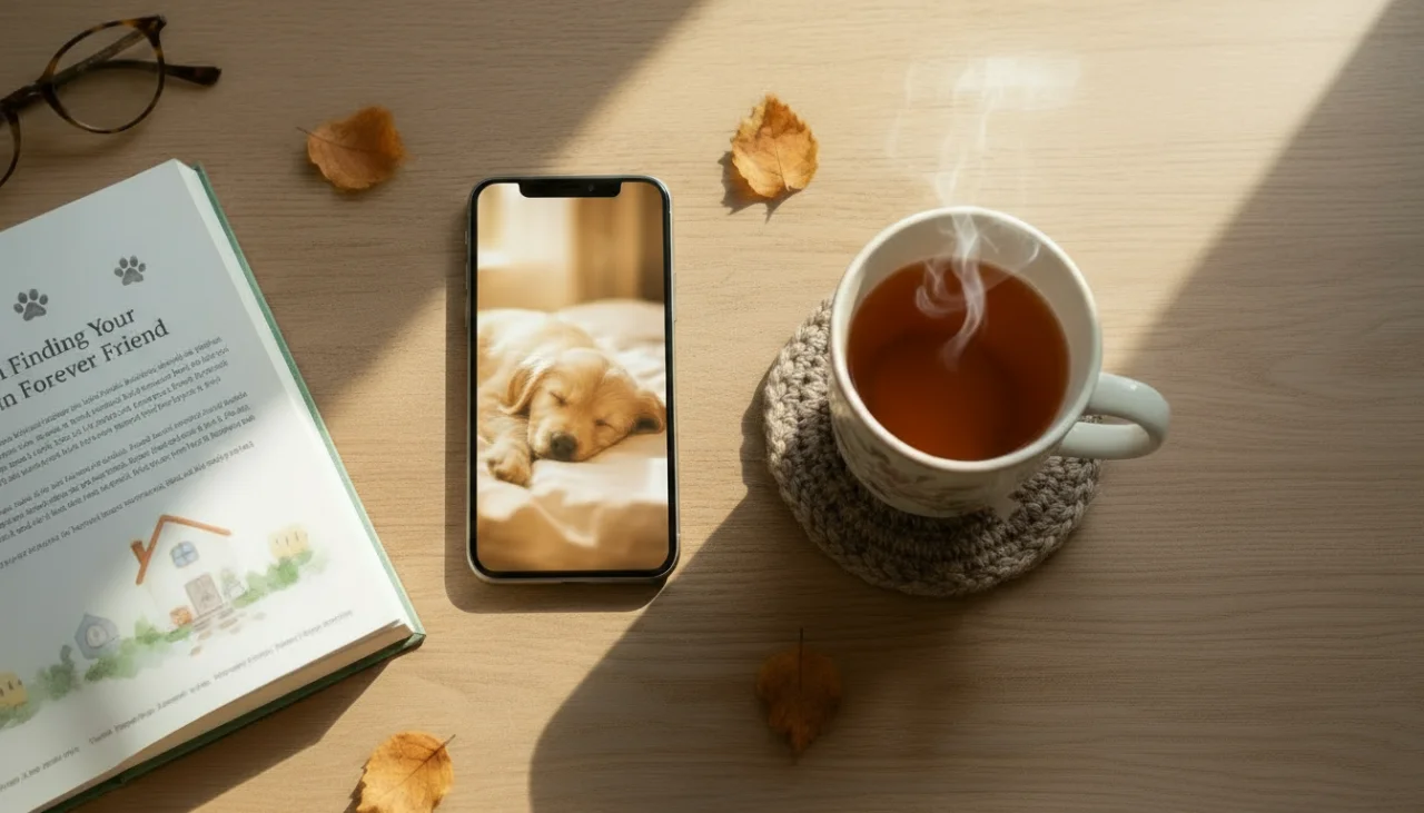 따뜻한 조명 아래, 스마트폰 화면에 보이는 유기견의 모습과 함께 입양 안내 책자가 놓여있는 책상 풍경