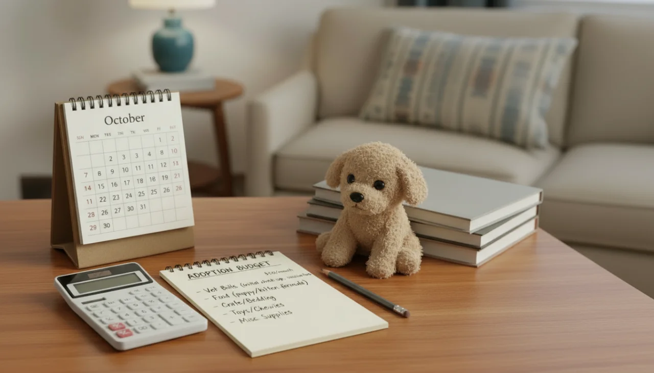 책상 위에 놓인 달력과 계산기, 그리고 반려동물 장난감