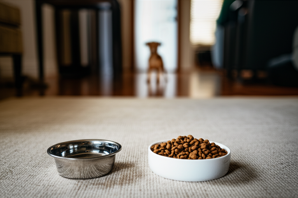 거실 한가운데 놓인 물그릇과 사료 그릇, 그리고 멀리서 지켜보는 강아지