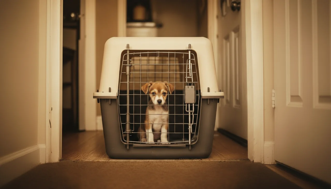 집 현관 구석에 놓인 켄넬 안에서 조심스럽게 바깥을 살피는 강아지