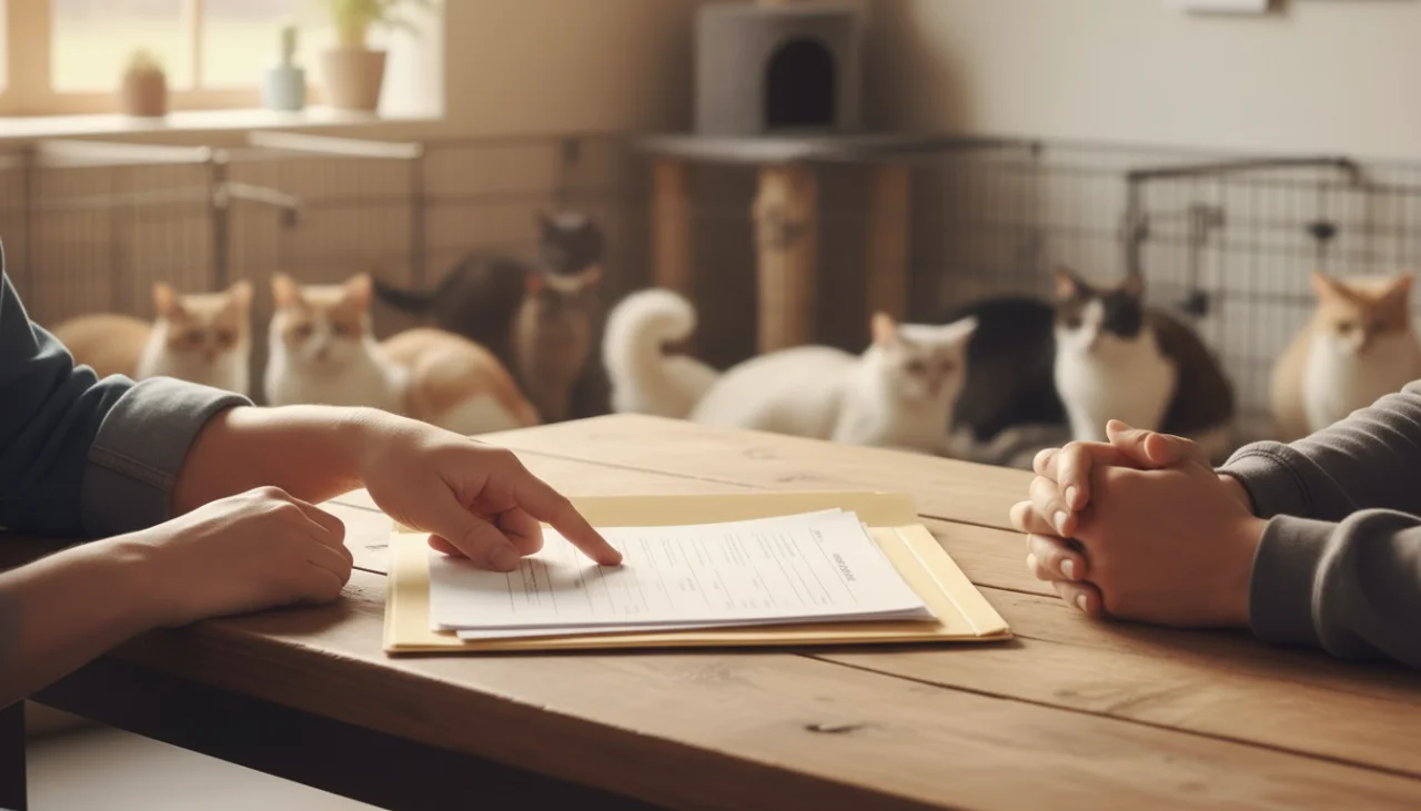 보호소 상담사가 예비 입양자와 마주 앉아 온화하게 대화하는 모습