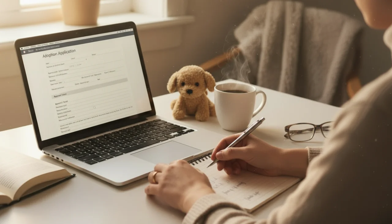 노트북 화면의 복잡한 입양 신청서를 보며 고민하는 모습