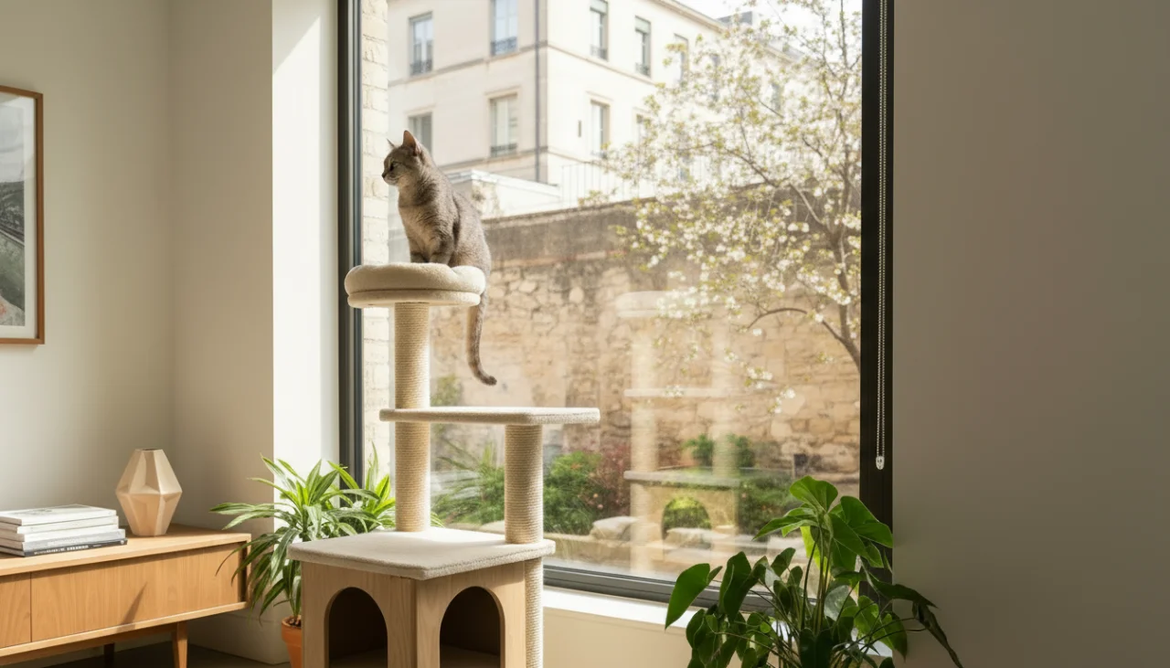캣타워 가장 높은 곳에서 창밖을 보며 앉아있는 고양이 한 마리