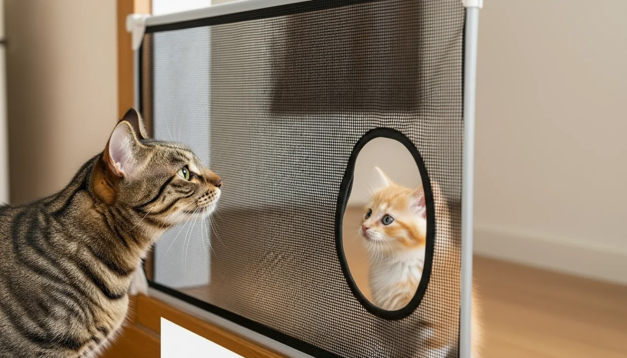 방묘문을 사이에 두고 서로를 조심스럽게 탐색하는 두 마리의 고양이