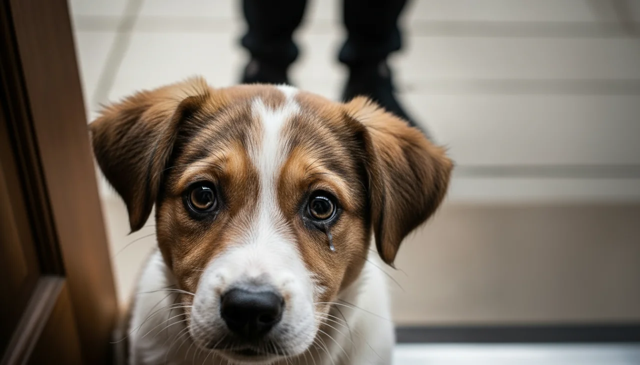 현관문 앞에 앉아 주인을 애처롭게 올려다보는 강아지의 모습