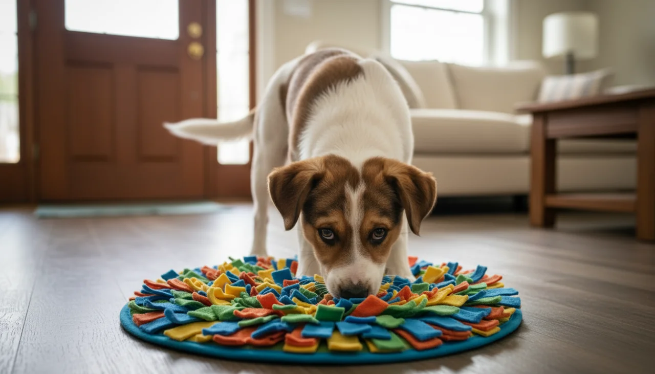 거실 바닥에 놓인 노즈워크 장난감에 집중하고 있는 강아지