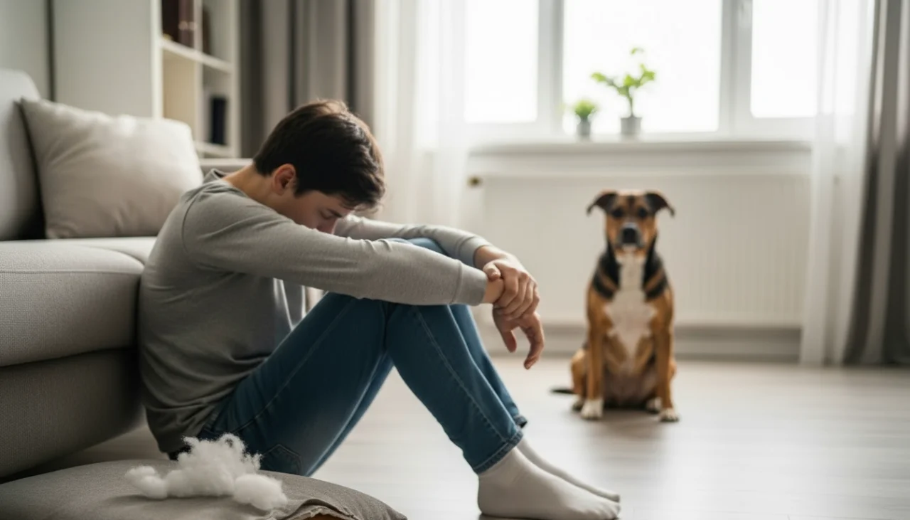 지친 모습으로 바닥에 앉아있는 보호자와 그 주변의 엉망인 거실