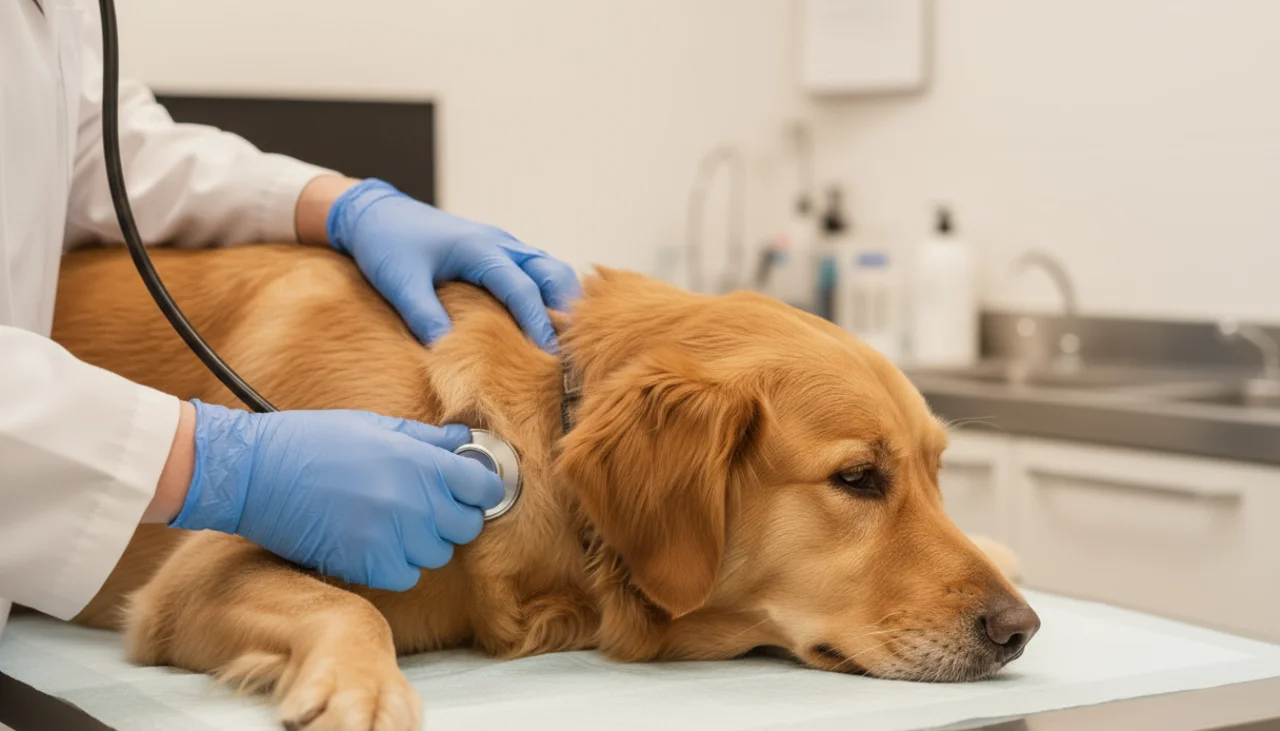 수의사가 청진기로 강아지의 심장 소리를 듣고 있는 모습