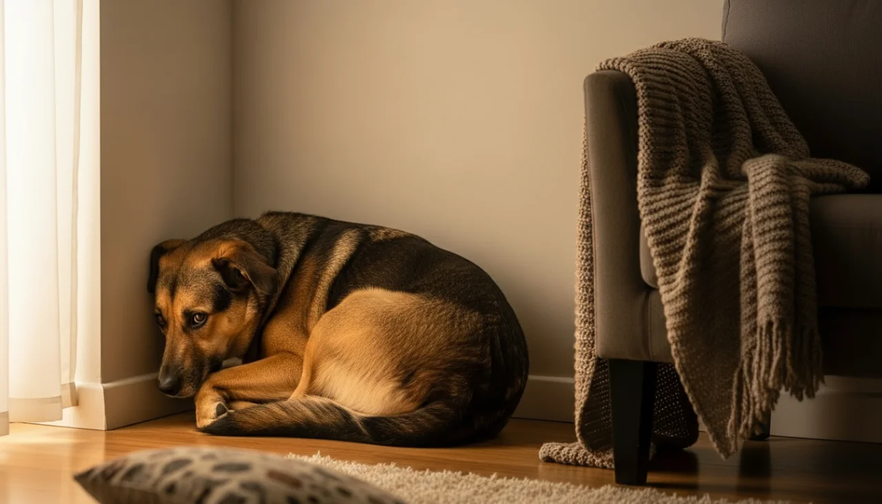 방구석에서 몸을 웅크리고 벽을 보고 있는 강아지