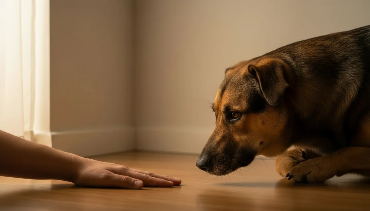 바닥에 가만히 내밀어진 사람의 손등 냄새를 강아지가 조심스럽게 맡고 있는 모습