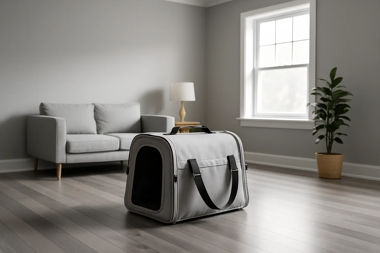 거실 한가운데 덩그러니 놓여 있는 강아지 켄넬의 흑백 톤 사진