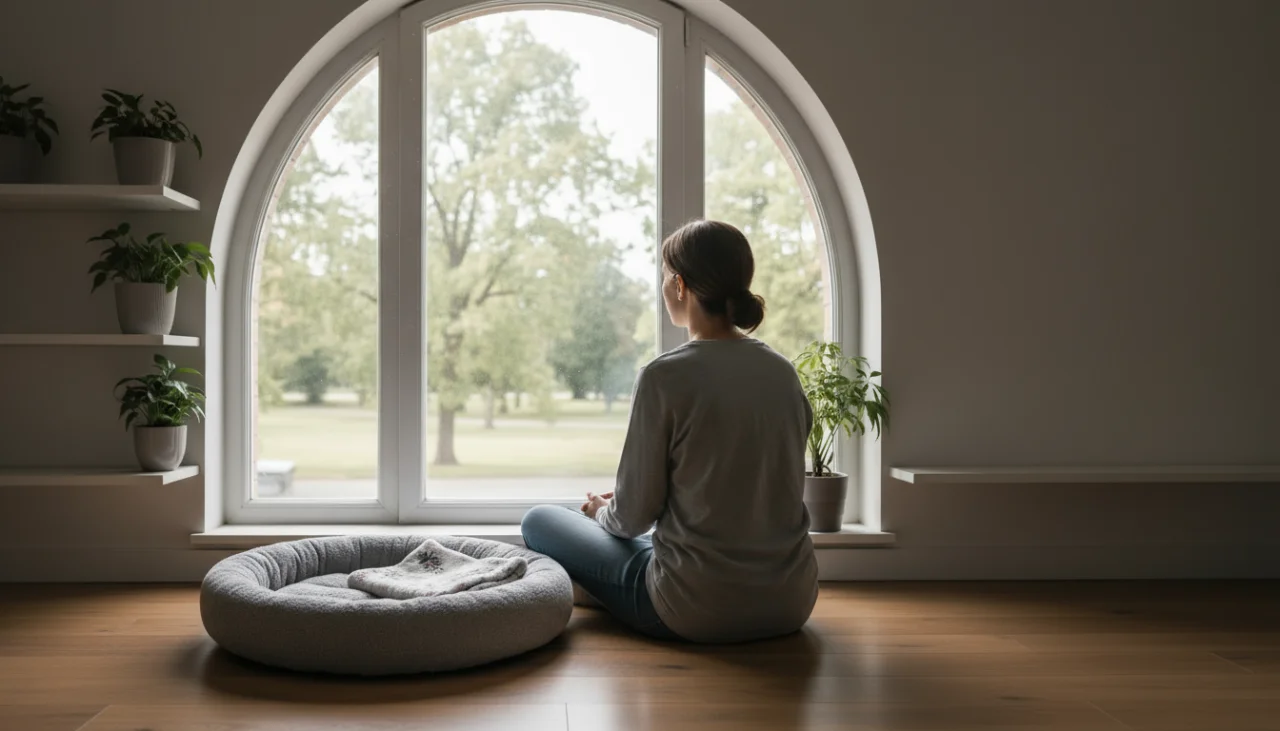 창밖을 보며 깊은 생각에 잠겨 있는 사람의 뒷모습과 그 옆의 빈 방석