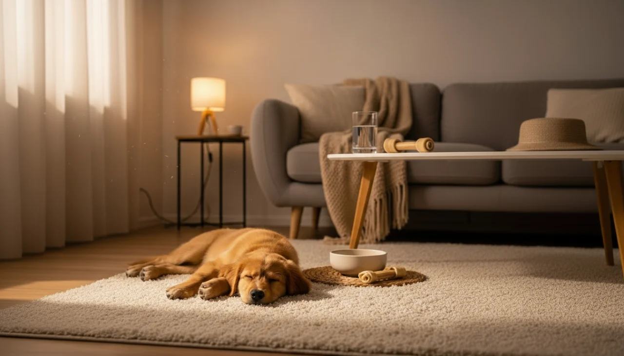 조된 강아지가 러그 위에 평화롭게 쉬고 있는 모습