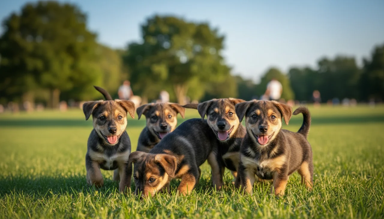 다양한 크기와 색깔, 모습을 한 여러 마리의 믹스견들이 함께 있는 모습