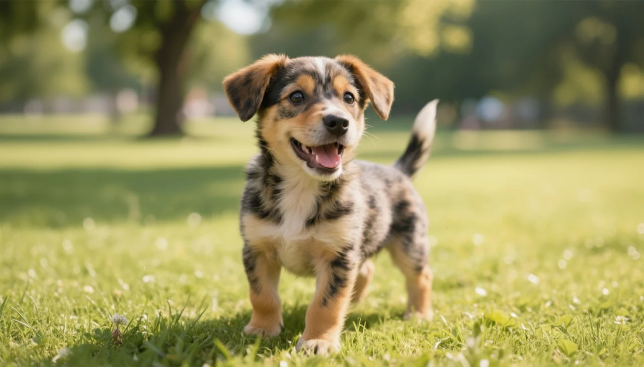 공원에서 행복하게 웃고 있는, 여러 품종이 섞인 듯한 독특한 외모의 믹스견