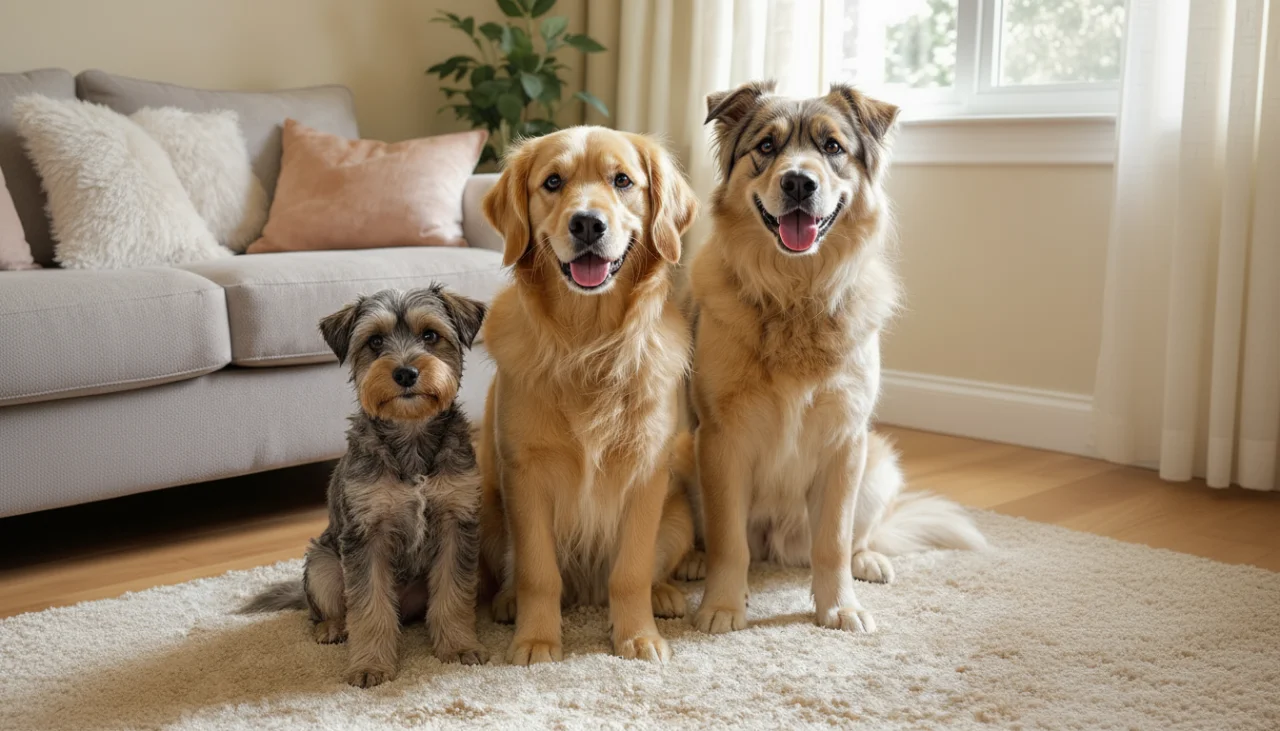 각기 다른 표정과 모습을 한 세 마리의 유기견들이 나란히 있는 모습