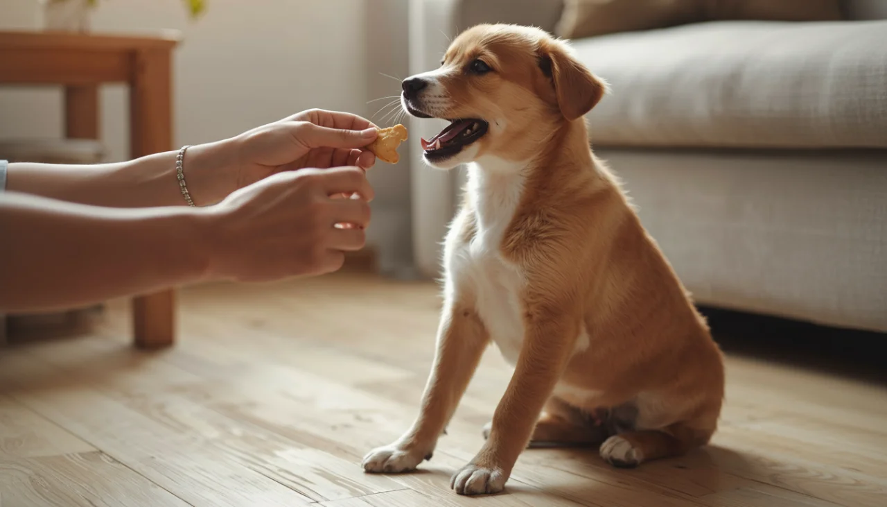 보호자가 강아지에게 '앉아' 훈련을 시키며 간식을 주는 긍정 강화 훈련 장면