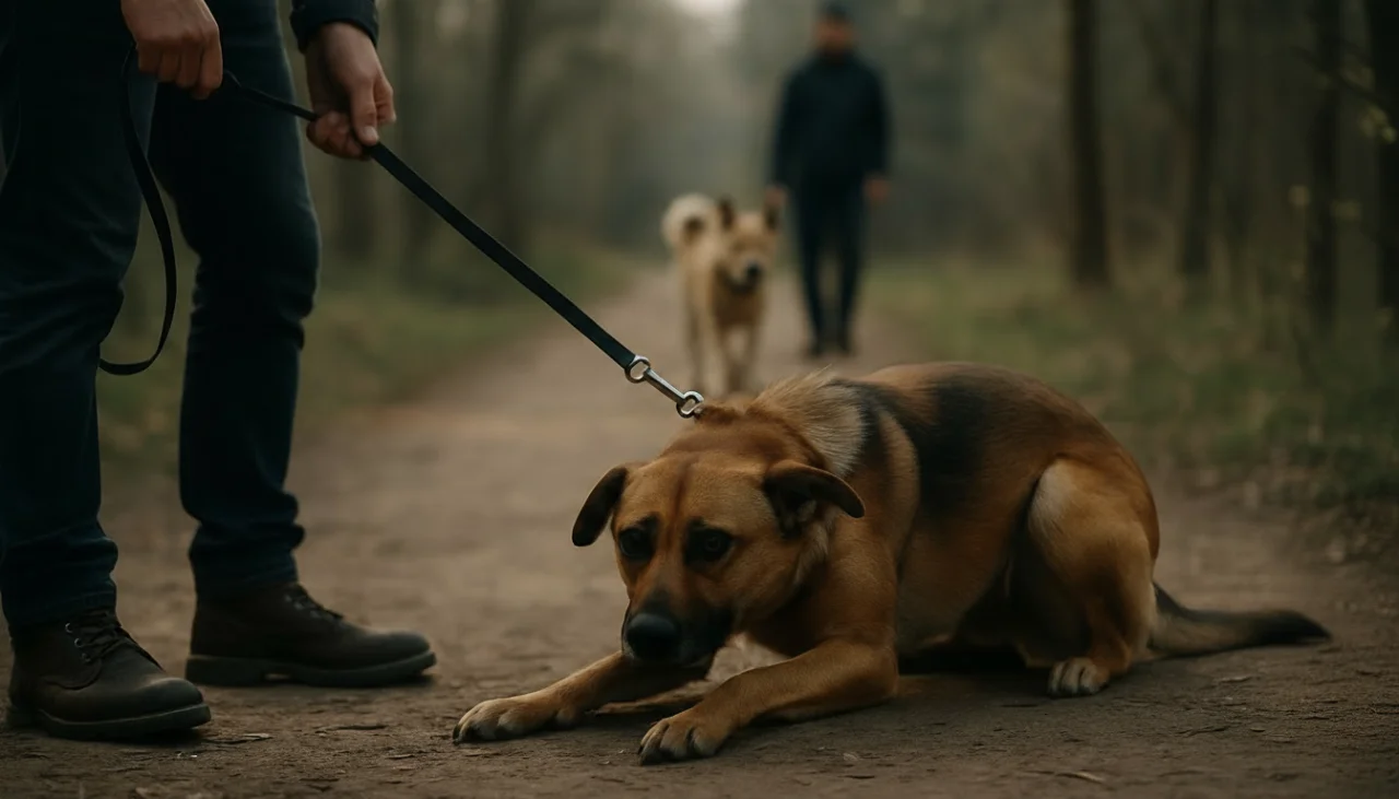 산책시 유기견은 계속해서 경계하며 몸을 움츠리는 모습