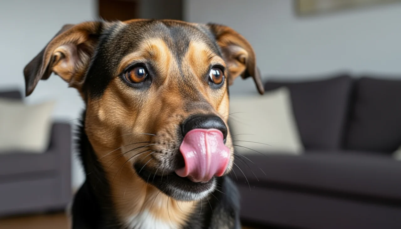 낯선 환경에서 불안한 듯 입술을 핥고 있는 강아지의 클로즈업 사진