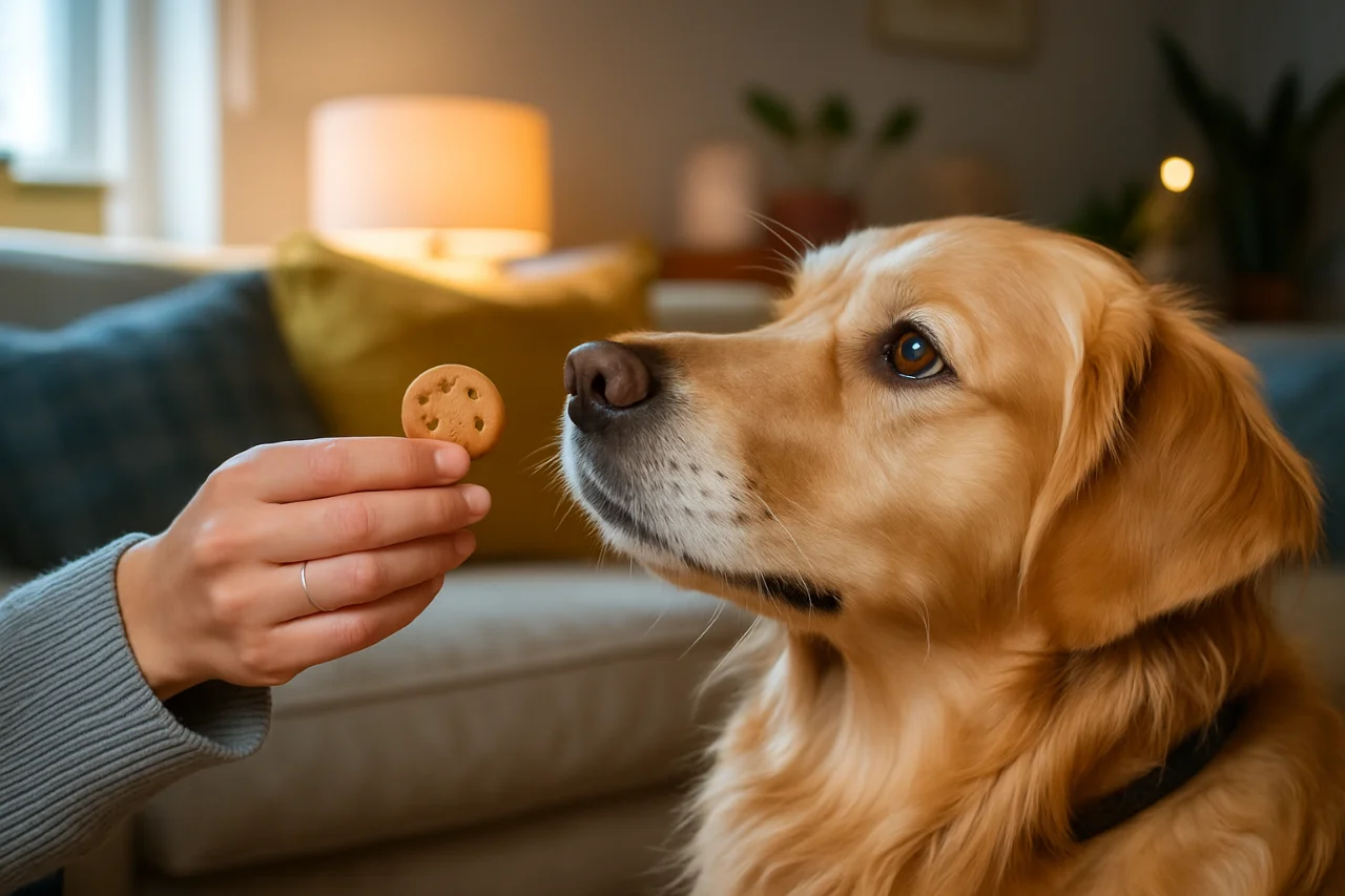 보호자가 유기견에게 긍정 강화 훈련을 위해 간식으로 보상하는 손 클로즈업
