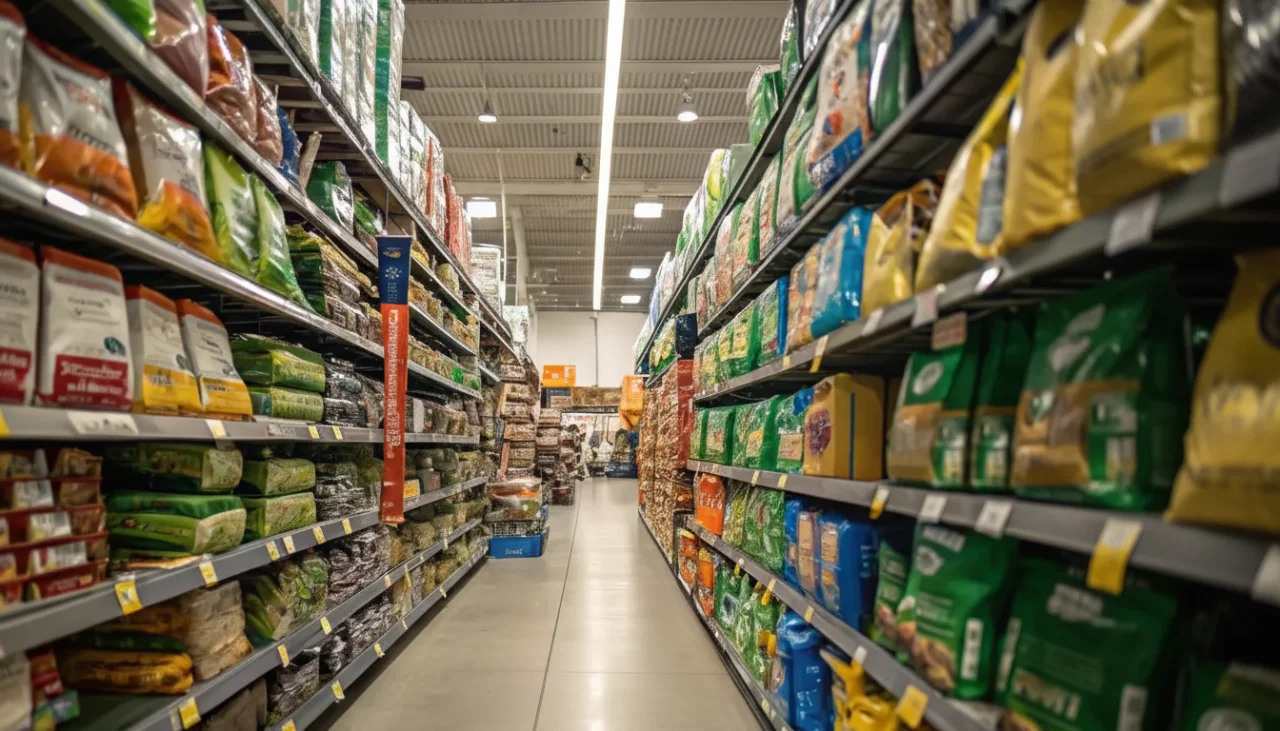 반려동물 용품점에서 수많은 종류의 강아지 사료를 보며 막막해하는 사람의 시점