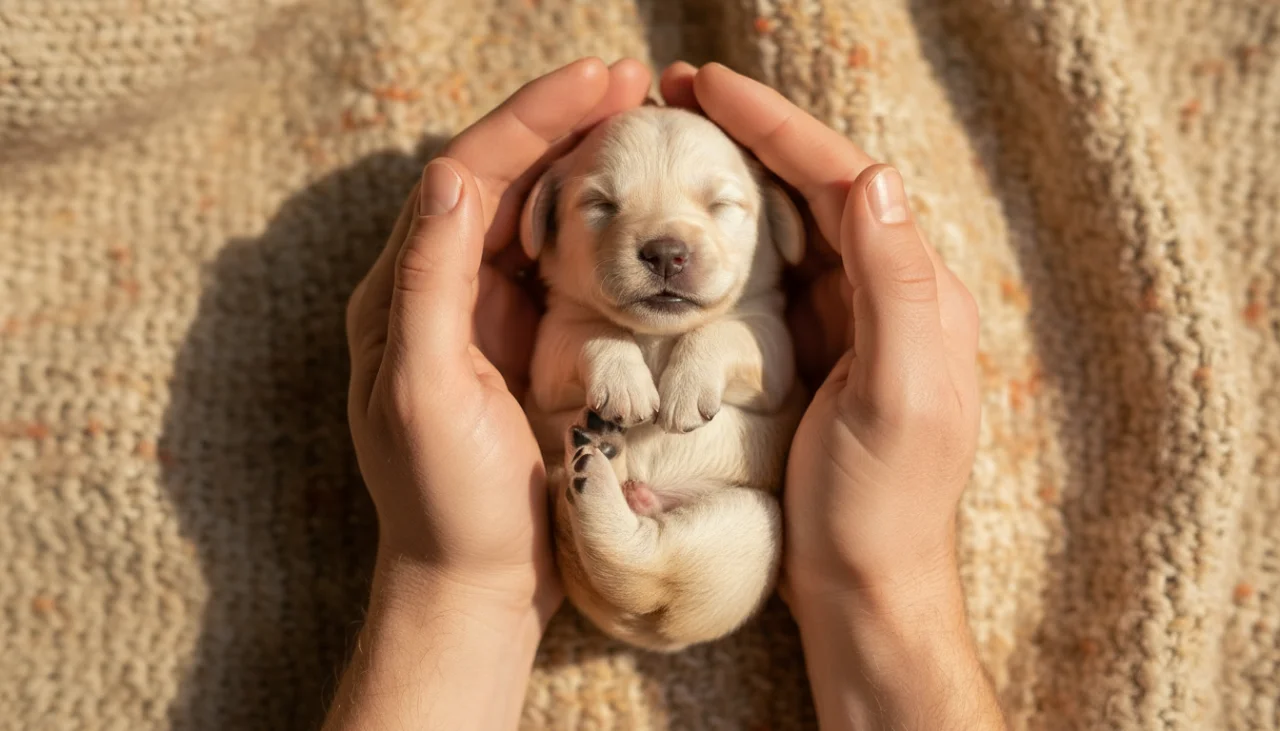 한 사람이 두 손으로 작은 강아지를 소중하게 안고 있는 감성적인 사진