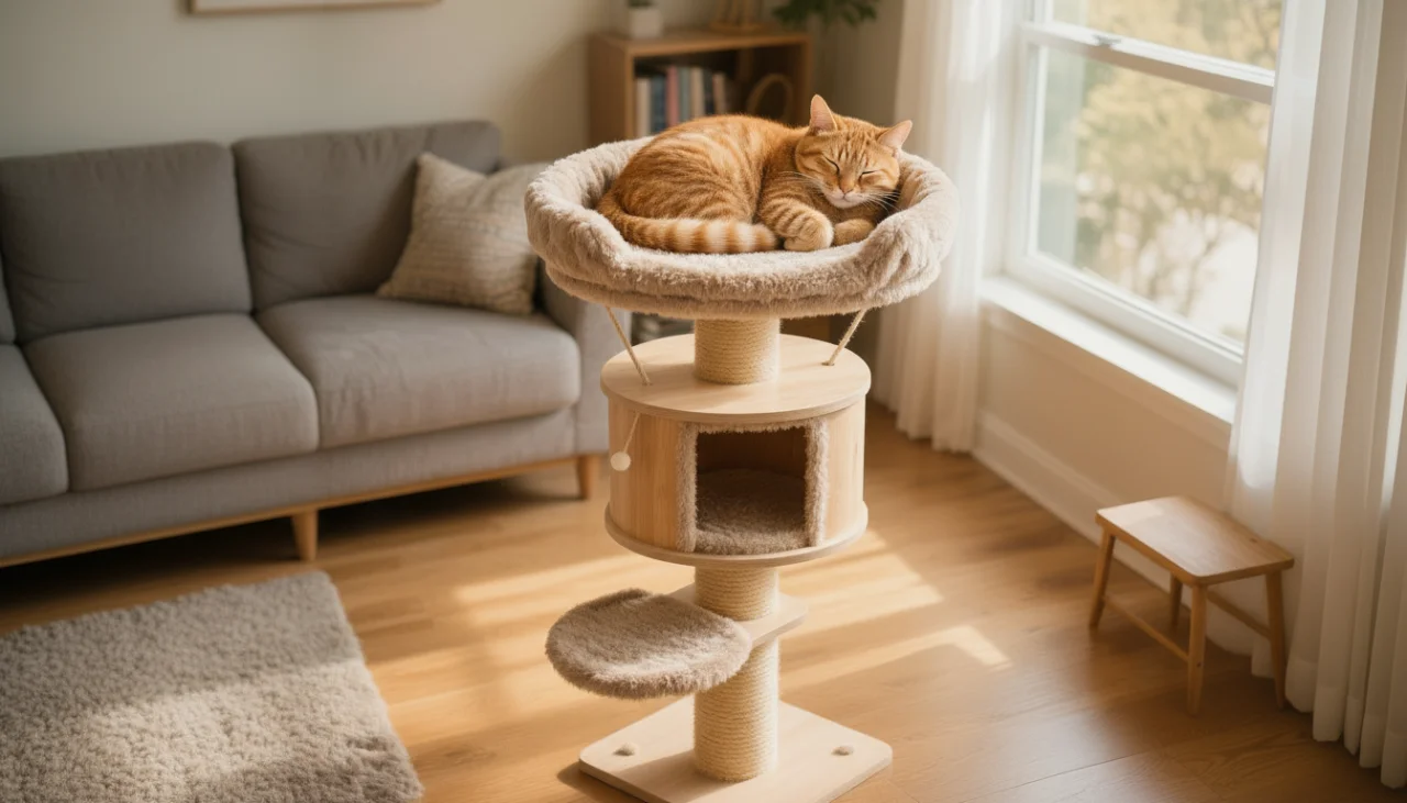 유기묘가 높이 설치된 캣타워 꼭대기에서 안정적으로 휴식을 취하며 집 안을 내려다보는 모습