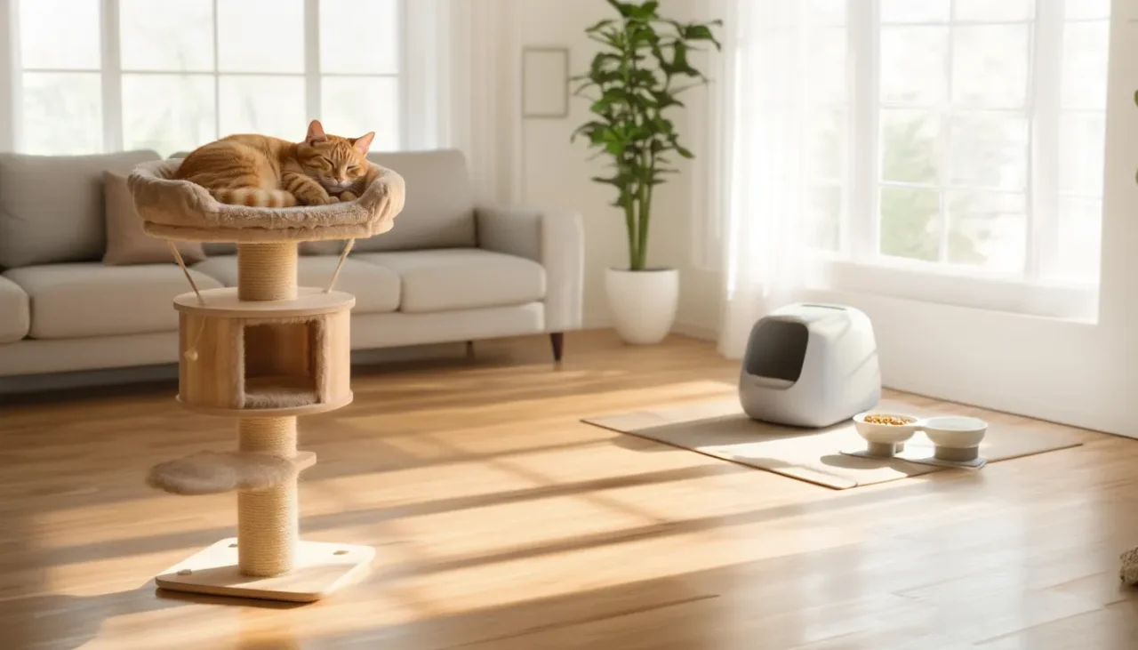 유기묘가 화장실, 물그릇, 사료 그릇이 멀리 분리된 환경에서 편안하게 배변하는 모습