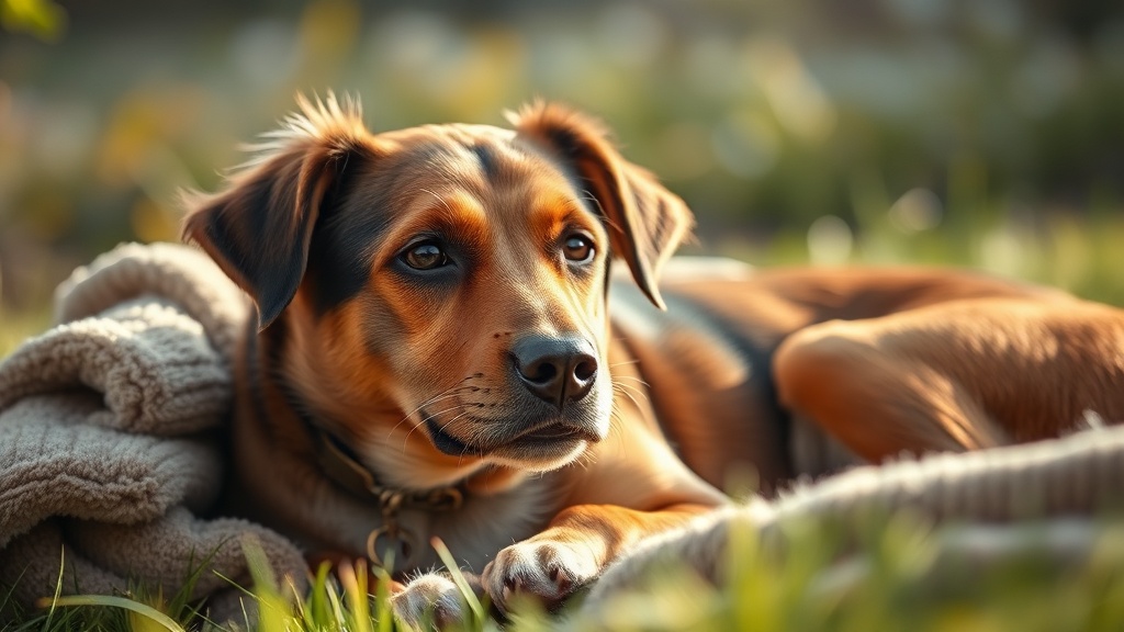 회복된 유기견이 보호자와 함께 편안히 있는 시네마틱 실사 장면