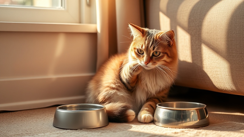 햇살이 드는 평온한 거실 구석에서 건강하게 식사를 마친 고양이