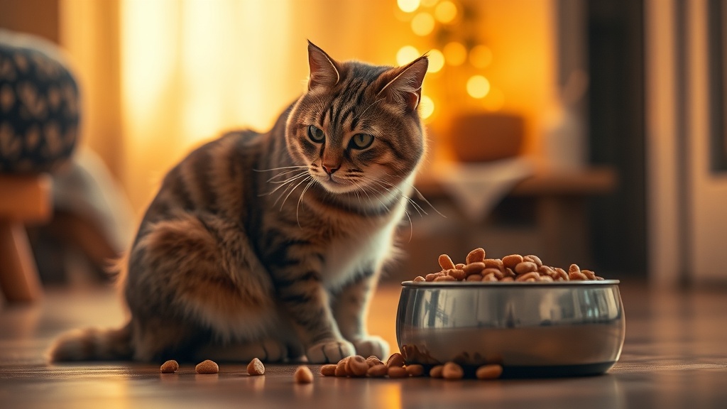 밥그릇 앞에 앉아 있지만 밥을 먹지 않고 힘없이 웅크리고 있는 유기묘의 모습