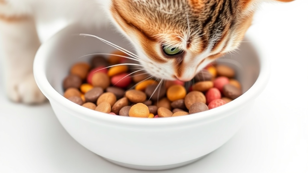 두 종류의 사료가 섞여 있는 밥그릇을 호기심 어린 눈으로 바라보는 고양이