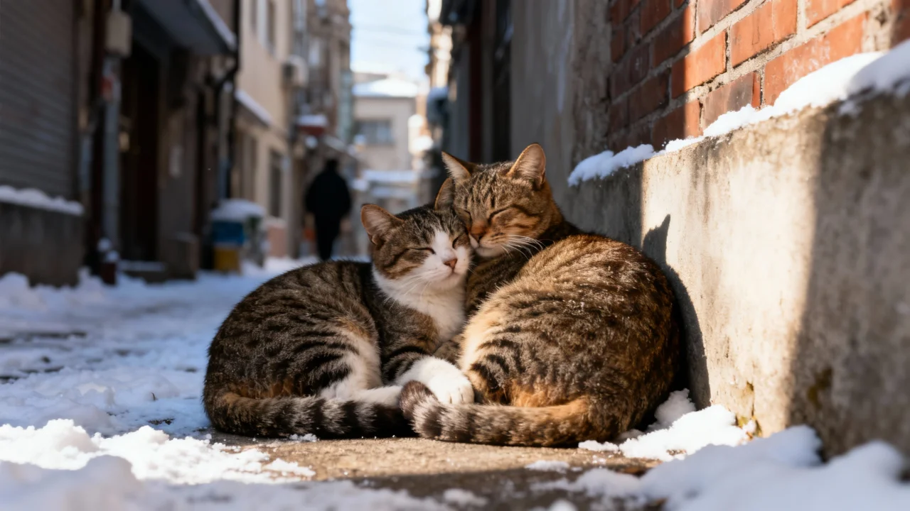 겨울철 차가운 골목길 안쪽, 바람이 들지 않는 구석에서 고양이 두 마리가 서로 몸을 밀착해 체온을 나누는 모습